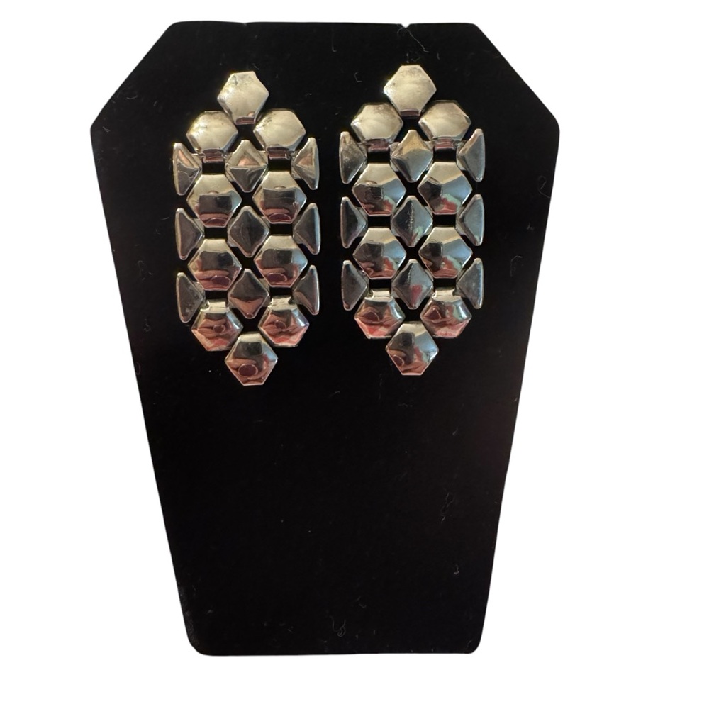 Articulated Silver Tone Metal Hexagon Panel Earrings Vintage Modernist Pierced